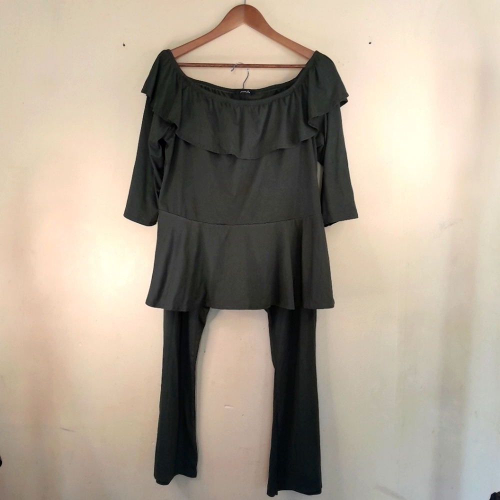 Arabella Two-Piece Olive Green Off the Shoulder Flare Leg Pants Set 2XL